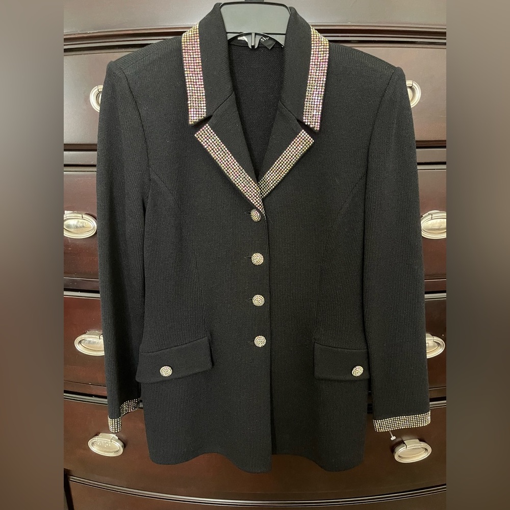 St. John Evening by Marie Gray Black Jacket with aurora rhinestone trim Size 2
